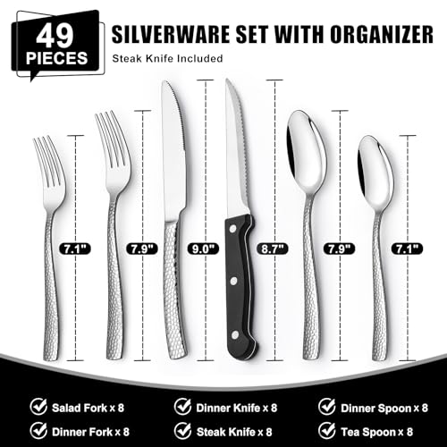 49-Piece Hammered Silverware Set with Organizer, Food-Grade Stainless Steel Flatware for 8, Cutlery Utensil Sets with Steak Knives, Rust-proof, Mirror Polished, Dishwasher Safe, Wave Hammered - style: Wave Hammered