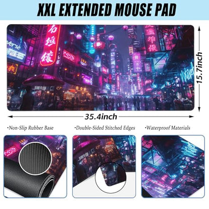 Desk Mat,Cyberpunk Neon City Large Gaming Mouse Pad for Desk XXL,Futuristic Night Street Desk Pad,Extended Big Computer Keyboard Mouse Pad with Non-Slip Base and Stitched Edge 35.4"x15.7" - color: Cyberpunk Neon City, size: 15.7" x 35.4"