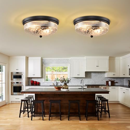 Semi Flush Mount Ceiling Light with Clear Glass Shades,3-Lights Industrial Semi Flush Mount Ceiling Light, 3-Light Industrial Black Light Fixtures Ceiling Mount for Kitchen Living Room Foyer - color: 2-Light Clear Glass Ceiling Light, size: 1 Pack