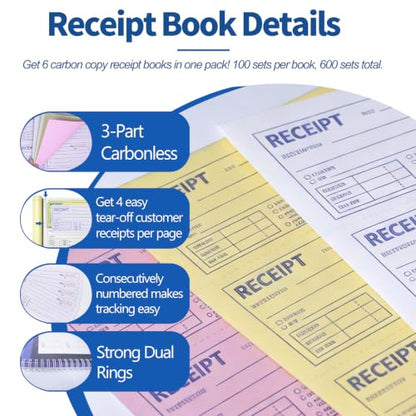 Money and Rent Receipt Books with Cardboard Insert,7-5/8" x 10-7/8" Spiral Bound,3 Part Carbonless,100 Sets per Book,4 Receipts Per Page for Rent and Cash Transaction