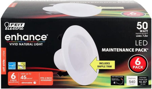 Feit Electric 4 inch LED Recessed Downlight - Baffle Trim - Standard E26 Adapter - 2700K Soft White - Dimmable- 50W Equivalent - 45 Year Life - 650 Lumen, 6-Pack, LEDR4B/927CA/MP/6 - color: 2700K Soft White, size: 4 Inch (Pack of 6), style: Standard