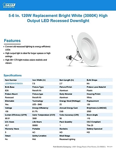 Feit Electric 5 Inch or 6 Inch LED Recessed Lighting Retrofit Downlights, 120 Watt Equivalent High Output, 2000 Lumen, 3000K Bright White, Dimmable, 6 Pack, LEDR56XHO/930CA/6 - style: 120W + 3000K