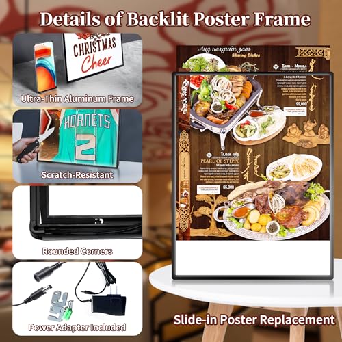Custom LED Menu Poster Frame, Ultra-Thin Black / Silver Backlit Food Photo Frame for Restaurant, Cafes, Store, Bar, Hotel, Theater, Cinema Advertising Display, Optional Size (A1, A2, A3, A4 and More)