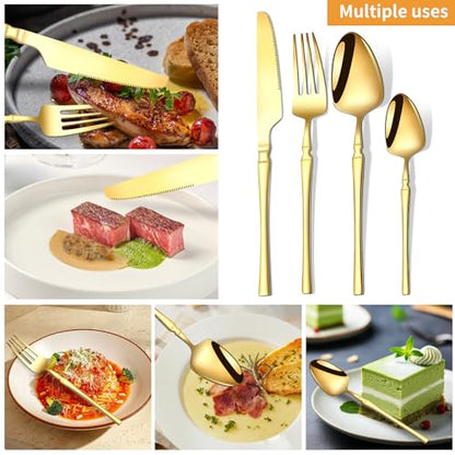 24-Piece Gold Silverware Set with Steak Knives Spoons and Forks for 6, Stainless Steel Flatware Cutlery Eating Utensils Sets,Polished Tableware for Home Kitchen Restaurant Wedding