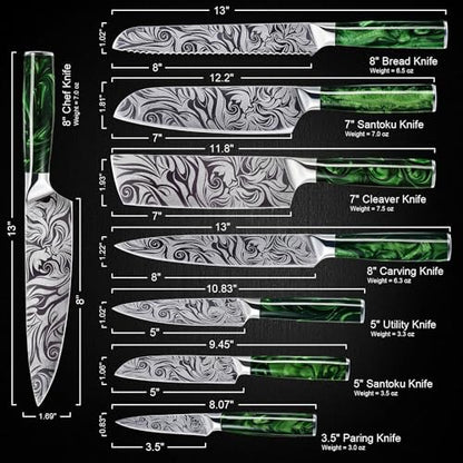 SENKEN 8-piece Engraved Japanese Kitchen Knife Set & Beautiful Green Resin Epoxy Handles - Wasabi Collection - Chef's Knife, Santoku, Cleaver, Paring, & More - size: 8-Piece Chef Knife Collection