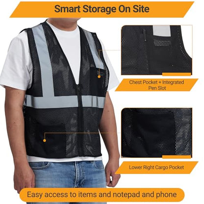 AYKRM 2 Pocket Mesh High Visibility Reflective Safety Vest for men & Women ANSI/ISEA 107 Standards - color: Black, size: X-Small