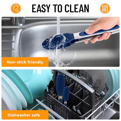 HOTEC Stainless Steel Kitchen Tongs with Silicone Tips, Set of 2-7" and 9" - color: Classic Blue:9+7inch