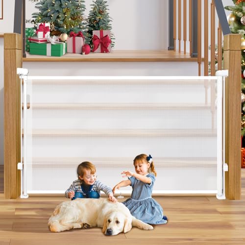 Retractable Baby Gates Dog Gate for Stairs, 55" Wide Mesh Baby Gate Pet Gate for The House, 34" Tall Child Safety Gates for Doorways, Hallways, Deck, Porch, Indoor, Outdoor - color: White, size: 34" Tall x 55" Wide