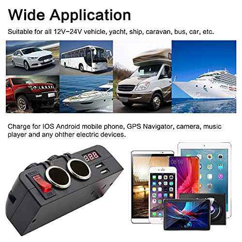 Dual USB Socket Charger and Dual 12V Power Outlet Cigarette Lighter Splitter Adapter with LED Voltmeter On/Off Switches for Car Rv Truck Marine Boat Camper Vehicles - color: Multi Function Adapter
