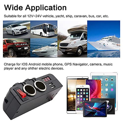 Dual USB Socket Charger and Dual 12V Power Outlet Cigarette Lighter Splitter Adapter with LED Voltmeter On/Off Switches for Car Rv Truck Marine Boat Camper Vehicles - color: Multi Function Adapter