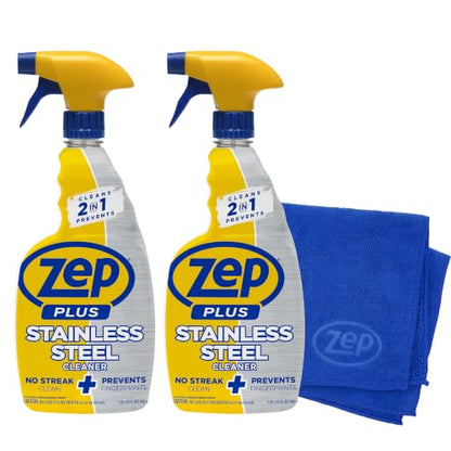 Zep Plus Stainless Steel Cleaner - 32 oz (2 Pack) & Blue Microfiber Rag