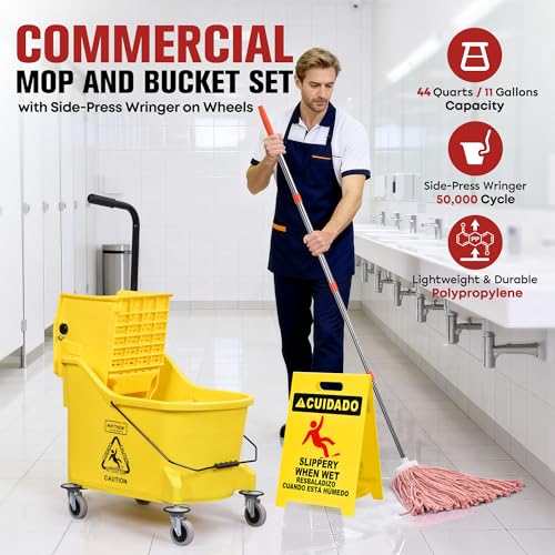 Matthew Cleaning 44Quart Commercial Mop Bucket INCL.Wet String Mop& 19'' Industrial Wet Floor Sign with Side Press Wringer On Wheels,Tandem Portable Floor Cleaning Wavebrake,Ideal for Household - color: Yellow, size: 44 Quart (Side Press Wringer)