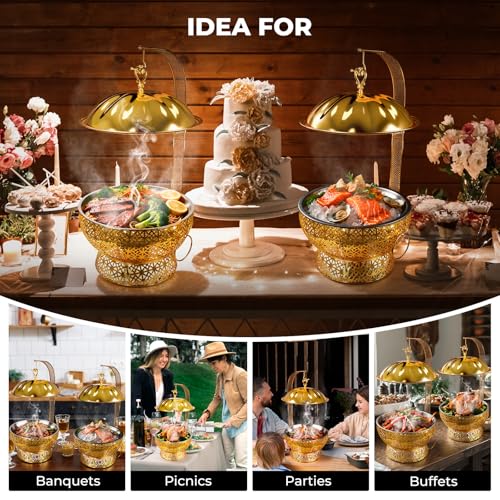 8QT Gold Chafing Dish Buffet Set, Luxury Stainless Steel Food Warmer, Elegant Hollow-Out Design Catering Server for Weddings, Parties, Hotel, Banquets, Christmas & Home Entertaining（4 pcs） - color: Gold01
