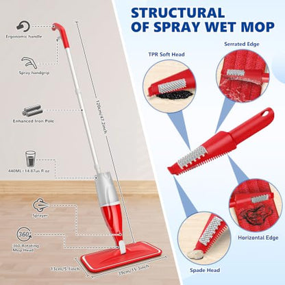 Spray Mops for Floor Cleaning: Wet Dry Mop Hardwood Floor Mops Refillable - color: Red