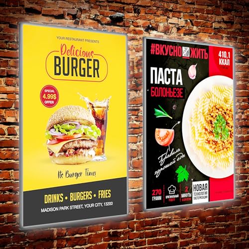 Custom LED Menu Poster Frame, Ultra-Thin Black / Silver Backlit Food Photo Frame for Restaurant, Cafes, Store, Bar, Hotel, Theater, Cinema Advertising Display, Optional Size (A1, A2, A3, A4 and More)