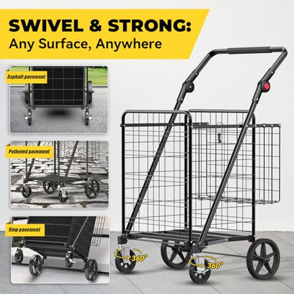 XINGLANG Heavy Duty Folding Shopping Cart – 5.0 Cu Ft, 480 lbs Capacity, Double Basket & Removable Waterproof Liner, 360° Swivel Wheels with Brakes, Adjustable & Rotating Handle for Laundry & Grocery - size: Extra Large