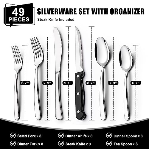 49-Piece Silverware Set with Organizer, Heavy Duty Stainless Steel Flatware Set for 8, Cutlery Utensil Sets with Steak Knives, Rust-proof, Mirror Polished, Dishwasher Safe, Heavy Duty - style: Heavy Duty