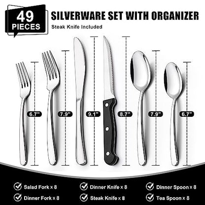 49-Piece Silverware Set with Organizer, Heavy Duty Stainless Steel Flatware Set for 8, Cutlery Utensil Sets with Steak Knives, Rust-proof, Mirror Polished, Dishwasher Safe, Heavy Duty - style: Heavy Duty