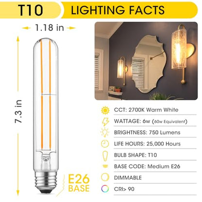 7.3" T10 Tubular LED Light Bulb, 60W Eq, Dimmable, Warm White 2700K, 6-Pack - color: Warm White, size: 7.3 Inch- 6 Count