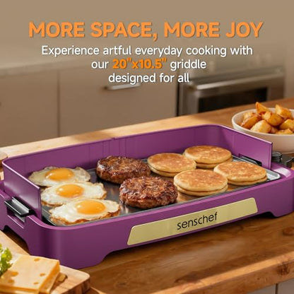 Cleansnap Everyday Electric Griddle, Great Gift for Family Feasts - 20” Nonstick Grill with Foldable Anti-Mess Shield, Rapid 1700W Heat & PPG Ceramic Coating, Dishwasher Safe, Twilight Purple - color: Twilight Purple