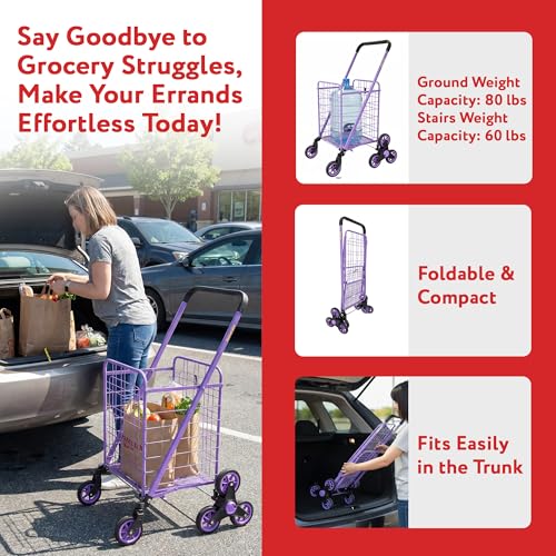 dbest Products Stair Climber Cruiser Cart Shopping Grocery Rolling Folding Laundry Basket on Wheels Foldable Utility Trolley Compact Lightweight Collapsible, Purple - color: Purple, style: Stair Climber