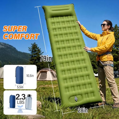 Camping Sleeping Pad, 6 inch Thick Ultralight Camping Mat with Pillow, Built-in Foot Pump Inflatable Sleeping Pads Compact for Camping Backpacking Hiking Traveling Tent,Single,Green - color: Green