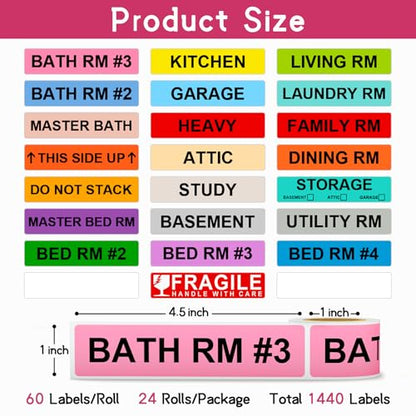 1440 Count 1" x 4.5" Color Coded Moving Labels for Boxes - 24 Rolls - size: 1" x 4.5"