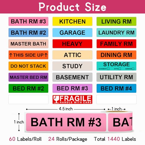 1440 Count 1" x 4.5" Color Coded Moving Labels for Boxes - 24 Rolls - size: 1" x 4.5"