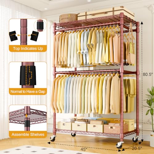 ULIFHOME Rolling Clothes Rack, Clothing Racks for Hanging Clothes, Bronze - color: Bronze, size: P4 Plus