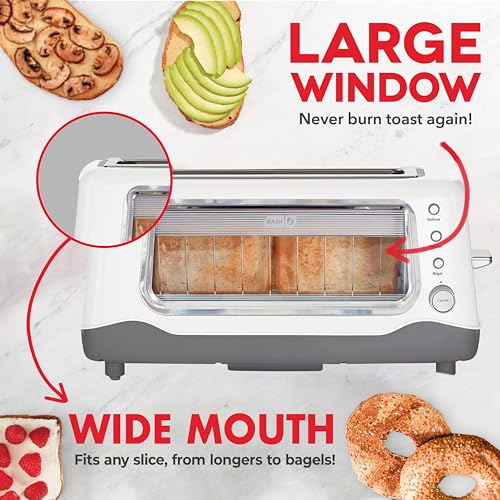 Dash Clear View Toaster | 10" Long Slot 2 Slice Toaster with See-Through Glass Window, 7 Browning Levels, Bagel, Defrost & Reheat Functions, Removable Glass Panel, Crumb Tray, White - color: White