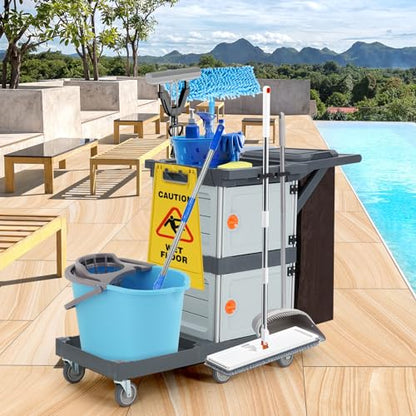 3 Shelf Commercial Janitorial Cart,2 Lockable Cabinets, Oxford Bag & Dust Cover,Wheel Rolling Housekeeping Cart for School, Hotel, Apartment & More