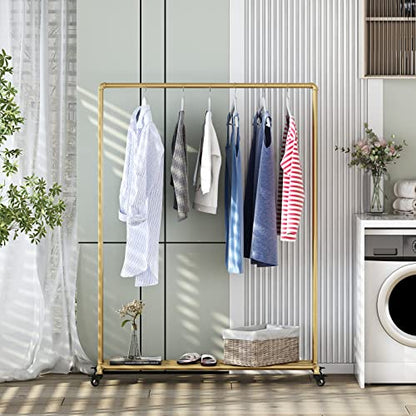 Industrial Gold Clothing Racks on Wheels, Boutique Display Gold Clothes Rack with Shelf, Rolling Garment Rack for Retail Use - style: pipe-3rod