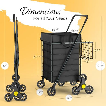 Our Modern Space Stairs Climbing Shopping Cart w/Waterproof Basket Liner & 360° Swivel Wheels | Foldable Collapsible & Lightweight | Perfect for Groceries Laundry Utility Cart - Black - color: Black