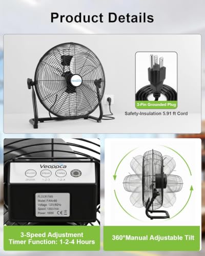 18" Industrial Floor Fan with Remote, High Velocity Heavy Duty Fan, 4200 CFM, 1-2-4 Hour Timer, 3 Speeds, 360° Tilt, Wall-Mounting System Included, for Home, Gym, Office, Garage - size: 18 Inch (1-Pack)