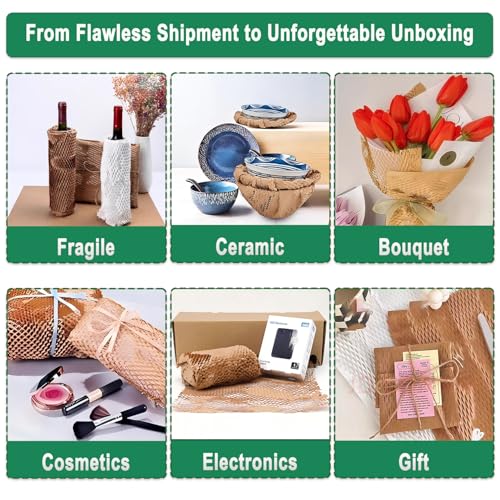 Honeycomb Packing Paper - Biodegradable Bubble Wrap Alternative 12"x200 FT, 80gsm with 20 Fragile Sticker Labels | Eco-Friendly Cushioning for Shipping, Moving & Small Business Packaging,Fragile Items - size: 12 Inch x 200 Feet