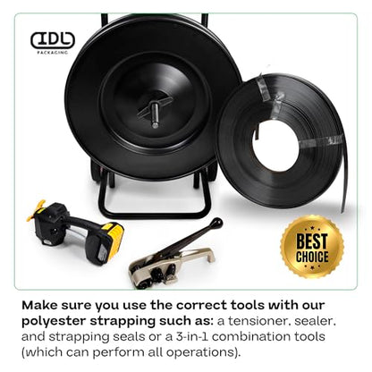 IDL Packaging 1/2" x .028" x 200' Mini Polyester (PET) Strapping Coil, 760 lbs Breaking Strength, Black - UV, Water and Rust Resistance - Flexible and Strong Packaging Banding - size: 1/2W" x 200L' (760 lbs BS)