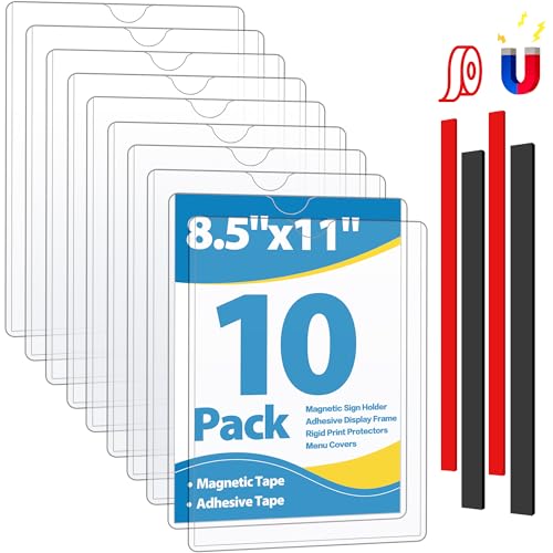 10 Pack Magnetic Sign Holder 8.5 x 11 - Plastic Wall Sign Holder with Magnet and Adhesive Tape - Magnetic Display Frame - Adhesive Plastic Frame Rigid Print Protectors Document Poster Holders - size: 8.5"x11"-10Pack