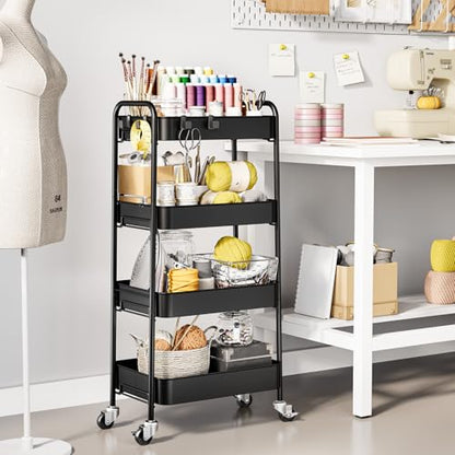 TOOLF 4 Tier Metal Rolling Cart, Utility Storage Cart with Wheels, Black - color: Black, size: 4-Tier