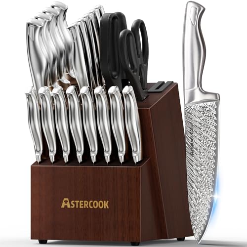 Knife Set, Astercook 21 Pieces Kitchen Knife Set with Built-in Sharpener, German Stainless Steel Knife Block Set, Razor-Sharp Knives with Full-tang Handle, Dishwasher Safe Kitchen Utensils Set - size: 21 Piece