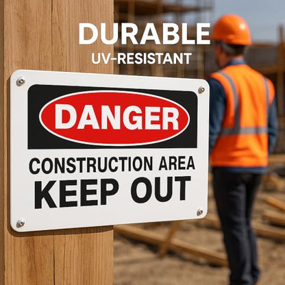 Danger Construction Area Keep Out Sign, 14x10 Aluminum, 4 Pack