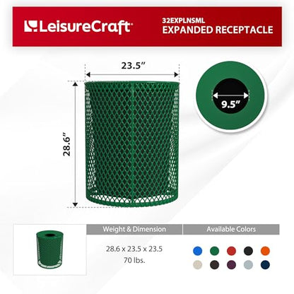 Leisure Craft 32 Gallon Commercial Outdoor Trash Can, Metal, Made in USA - color: Green