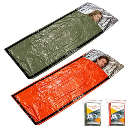 Emergency Sleeping Bag Survival Bag, Portable Waterproof Thermal Bivy Sacks,Bivvy Bags,Camping Mylar Sleeping Bag Survival Gear Emergency Blankets Survival Shelter - color: 2 Pack - Orange + Green