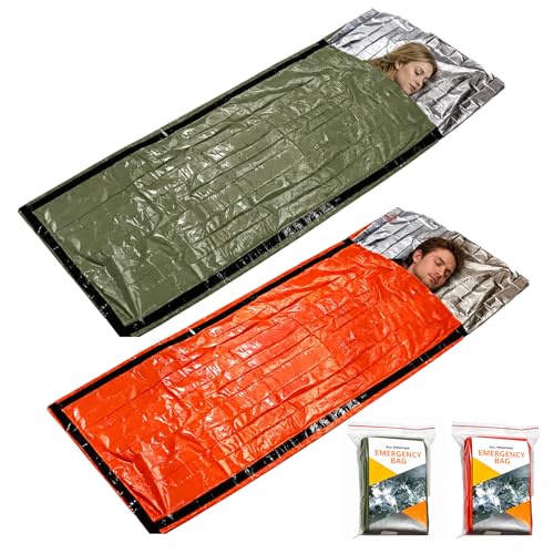 Emergency Sleeping Bag Survival Bag, Portable Waterproof Thermal Bivy Sacks,Bivvy Bags,Camping Mylar Sleeping Bag Survival Gear Emergency Blankets Survival Shelter - color: 2 Pack - Orange + Green