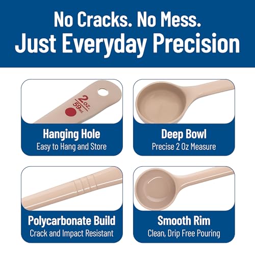 Carlisle FoodService Products 2 Ounce Portion Control Spoon – Long Handle – Flat Bottom Server for Sauces & Toppings, Color Coded Measuring Utensil, Beige