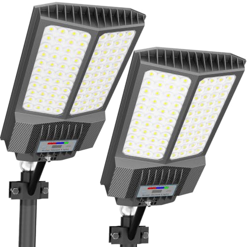 Solar Street Lights Outdoor,Solar Parking Lot Lights Commercial Street Light Dusk to Dawn,7000K LED Security Flood Light with Pole Motion Sensor and Remote Control for Street,Court,Yard