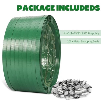 Heavy Duty Packaging Strapping Banding Roll - Green Polyester PET Industrial-Grade, 850' x 5/8" x 0.035" Pallet Strap Coil - 1400 lbs Break Strength Packaging Strapping Banding for Packing - color: Green, size: S, style: Strapping Banding Roll
