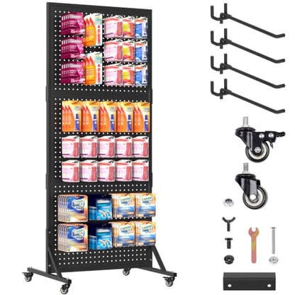 1 Pack 2x5ft Metal Pegboard Display Stand w/Wheels & 30 Hooks - color: Set 1