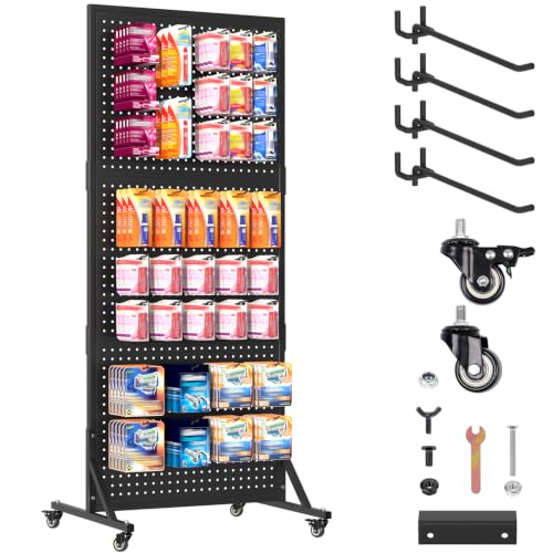 1 Pack 2x5ft Metal Pegboard Display Stand w/Wheels & 30 Hooks - color: Set 1