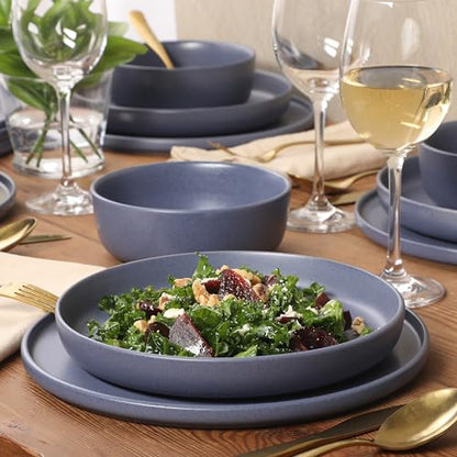 Gibson Elite Bayou Moon Plates and Bowls Sets, 16-Piece Blue Matte Stoneware Dinnerware Sets, Solid Color Reactive Glaze Dish Set - color: Matte Blue (Bayou Moon)