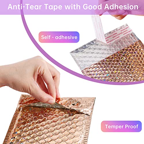 50 Pcs Metallic Bubble Mailers,Holographic Bubble Mailers,Poly Padded Envelopes,Waterproof Self Seal Adhesive Shipping Bags,Holographic Envelopes for Mailing,Packing,Small Business,Thicken (Rose Gold)